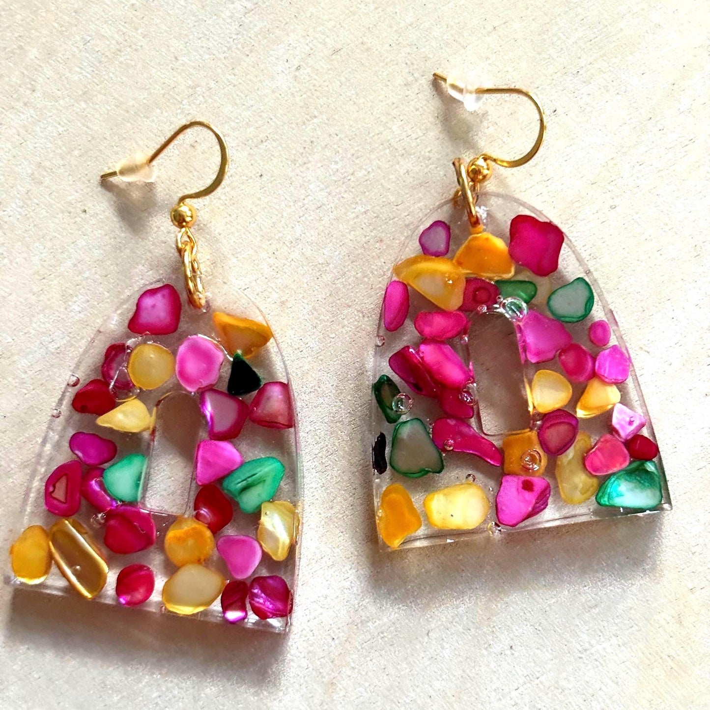 Bell shaped Vibrant shell fragment earrings