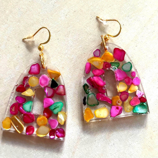 Bell shaped Vibrant shell fragment earrings
